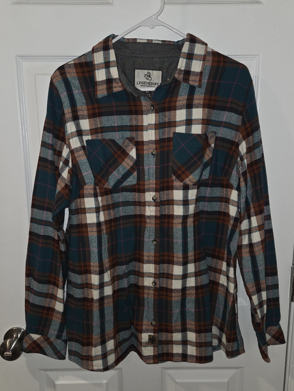 Legendary Whitetails Teal, Brown & White Plaid Women's Button-Down Shirt